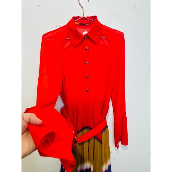 THEBE MAGUGU Red Gradient Asymmetric Pleated Cocktail Collared Chiffon Dress M - Picture 15 of 16